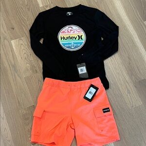 Hurley Black Shirt and Bright Orange Swim Shorts Set